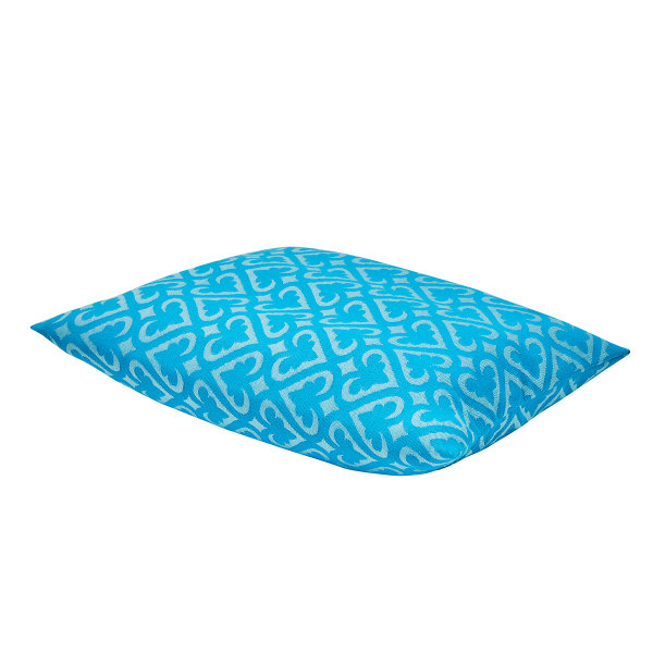 Coussin de plage de Le Jacquard Français; Model Monoï Lagon; Couleur principale vert en coton; Taille 25x32 cm rectangulaire; Motif dessins graphiques tissé jacquard