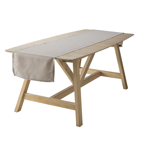 Camino de mesa de Le Jacquard Français; Modelo Portofino Fiori Sabbia; Color principal beige en lino; Tamaño 50x270 cm rectangular; Motivo Celebraciones festivas tejido