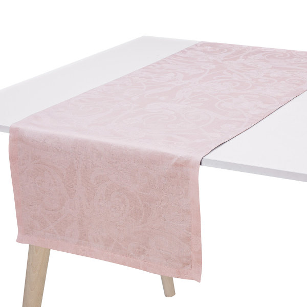 Camino de mesa de Le Jacquard Français; Modelo Tivoli Rosepoudre; Color principal rosa en lino; Tamaño 50x150 cm rectangular; Motivo Celebraciones festivas en tejido jacquard