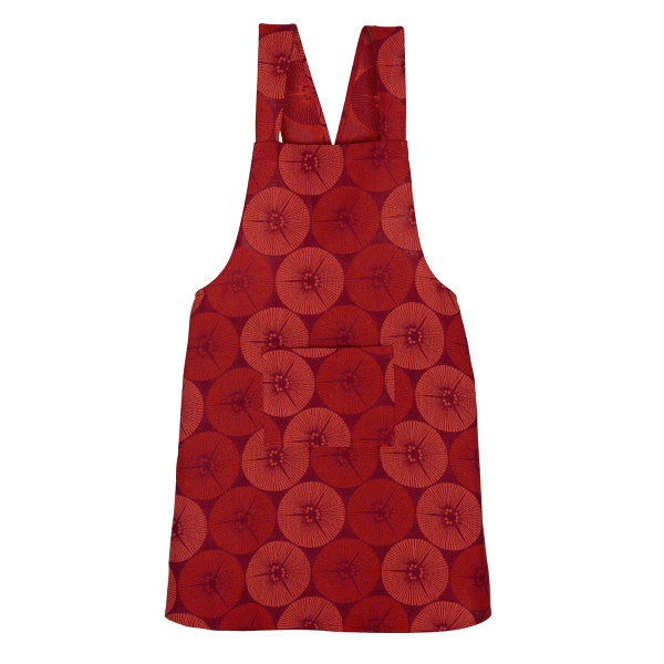 Apron from Le Jacquard Français; Model Yukata Torii; main colour red in cotton; Size 83x135 cm ; Motif graphic patterns; Pattern jacquard woven