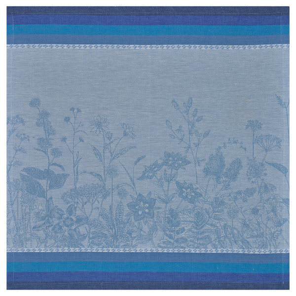 Serviettes de table (4x Set) de Le Jacquard Français; Model Instant Bucolique Bleuet; Couleur principale bleu en lin; Taille 58x58 cm carré; Motif Fleurs et plantes tissé jacquard