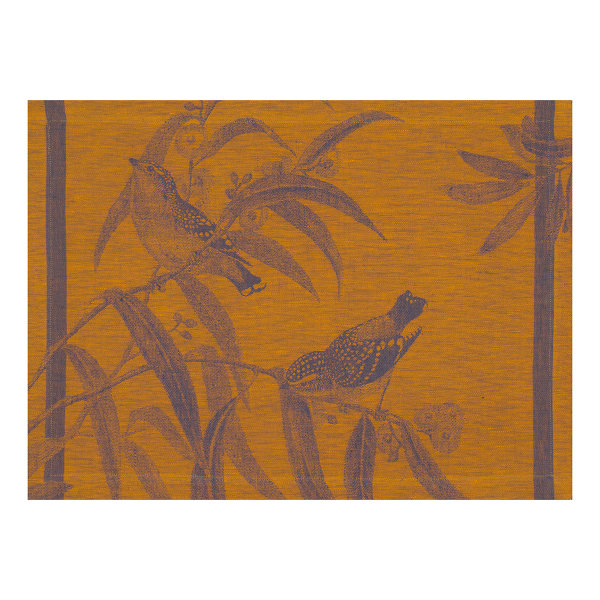 Placemats (2x Set) from Le Jacquard Français; Model Voliere Nocturne; main colour orange in linen; Size 38x54 cm rectangular; Motif Animals; Pattern jacquard woven