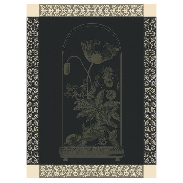 Torchon de Le Jacquard Français; Model Curiosites Florales Empire; Couleur principale vert en coton; Taille 60x80 cm rectangulaire; Motif Fleurs et plantes tissé jacquard