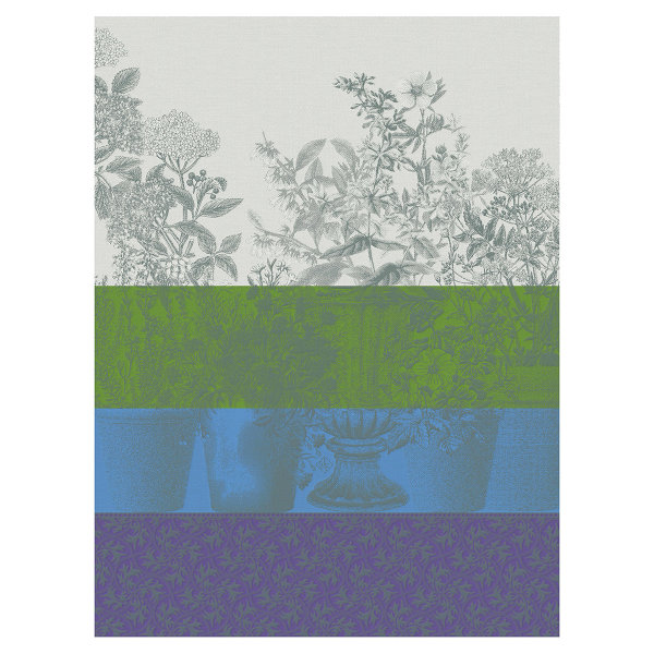 Tea towel from Le Jacquard Français; Model Floraison Rayé Lilas; main colour blue in cotton; Size 60x80 cm rectangular; Motif Flowers and plants; Pattern jacquard woven