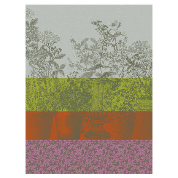 Tea towel from Le Jacquard Français; Model Floraison Rayé Zinnia; main colour purple in cotton; Size 60x80 cm rectangular; Motif Flowers and plants; Pattern jacquard woven