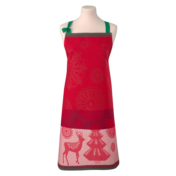 Apron from Le Jacquard Français; Model Lumière DÉtoiles Rubis; main colour red in cotton; Size 80x96 cm ; Motif Christmas; Pattern jacquard woven