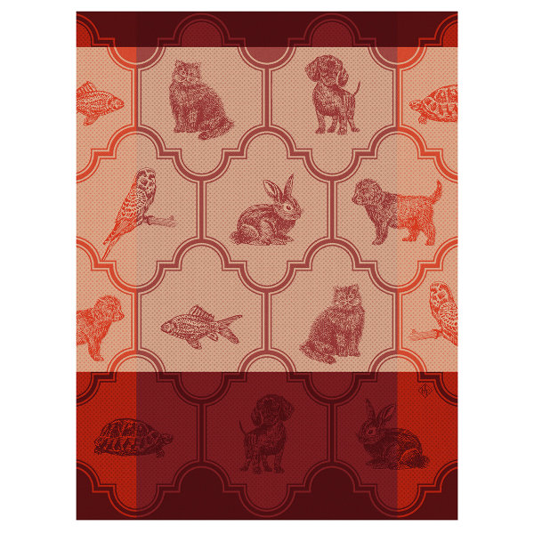 Paño de cocina de Le Jacquard Français; Modelo Nos Acolytes Perruche; Color principal rojo en algodón; Tamaño 60x80 cm rectangular; Motivo Animales en tejido jacquard