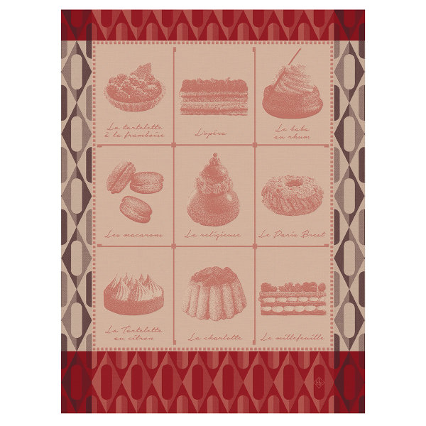 Canovaccio de Le Jacquard Français; Modelo Pâtisseries Francaises Framboise; Colore principale rosa en cotone; Taglia 60x80 cm rettangolare; Motivo Cibo e bevande in tessuto jacquard