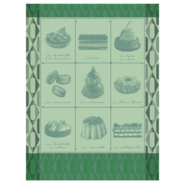 Paño de cocina de Le Jacquard Français; Modelo Pâtisseries Francaises Pistache; Color principal verde en algodón; Tamaño 60x80 cm rectangular; Motivo Comer y beber en tejido jacquard