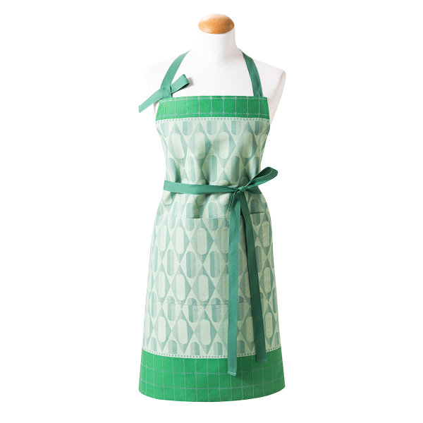 Apron from Le Jacquard Français; Model Pâtisseries Francaises Pistache; main colour green in cotton; Size 80x96 cm ; Motif graphic patterns; Pattern jacquard woven