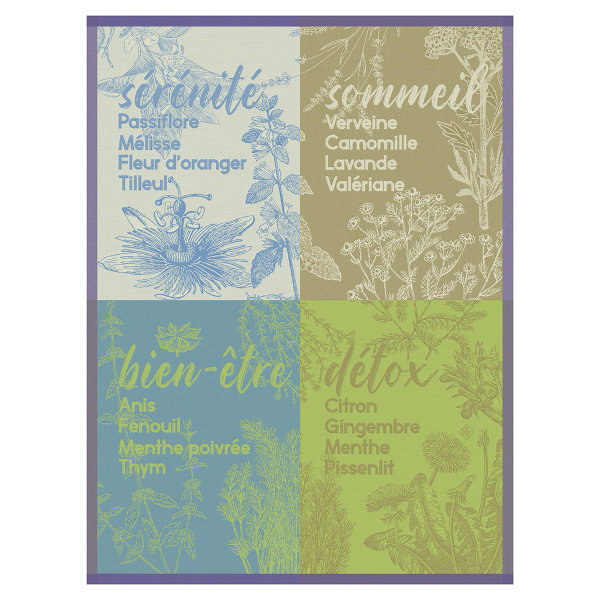 Tea towel from Le Jacquard Français; Model Sérénités Anis; main colour green in cotton; Size 60x80 cm rectangular; Motif Flowers and plants; Pattern jacquard woven