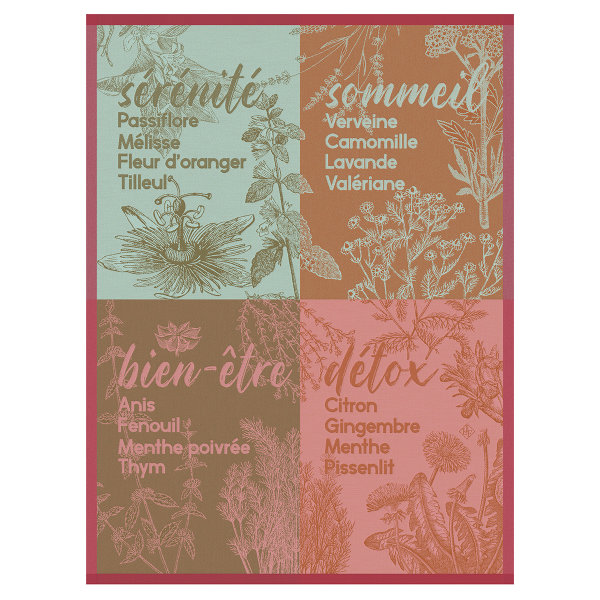 Torchon de Le Jacquard Français; Model Sérénités Valeriane; Couleur principale rose en coton; Taille 60x80 cm rectangulaire; Motif Fleurs et plantes tissé jacquard