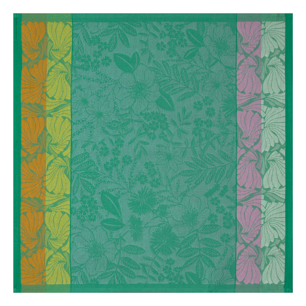 Servietten (4x Set) von Le Jacquard Français; Modell Cottage Jardin in Grundfarbe grün aus Baumwolle; Größe 58x58 cm quadratisch; Motiv Blumen und Pflanzen, Sommer; Muster jacquard-gewebt