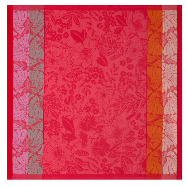 Serviettes de table (4x Set) de Le Jacquard Français; Model Cottage Fleury; Couleur principale rose en coton; Taille 58x58 cm carré; Motif Fleurs et plantes, Été tissé jacquard