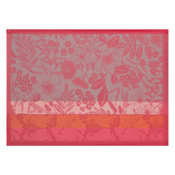 Beschichtete Tischsets (2x Set) von Le Jacquard Français; Modell Cottage Fleury in Grundfarbe rosa aus Baumwolle; Größe 36x50 cm rechteckig; Motiv Blumen und Pflanzen, Sommer; Muster jacquard-gewebt