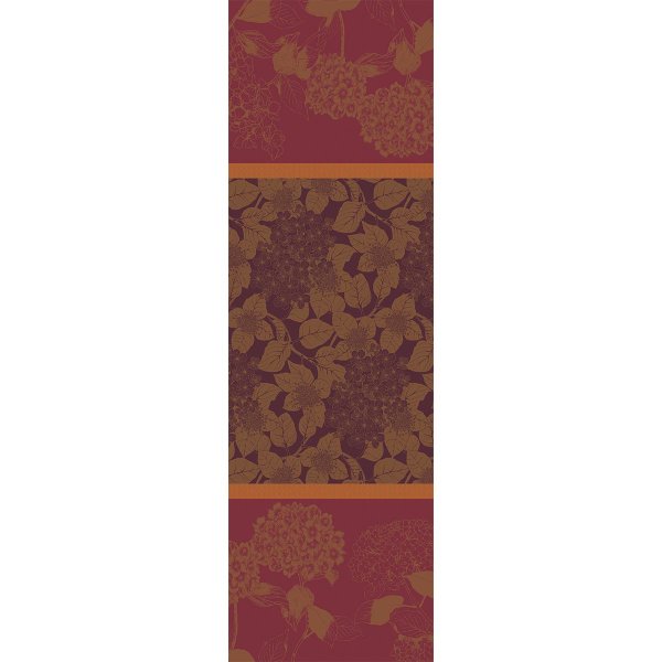 Camino de mesa de Garnier-Thiebaut; Modelo Hortensias Rouille; Color principal marrón en algodón; Tamaño 54x174 cm rectangular; Motivo Plantas y flores, Otoño en tejido jacquard