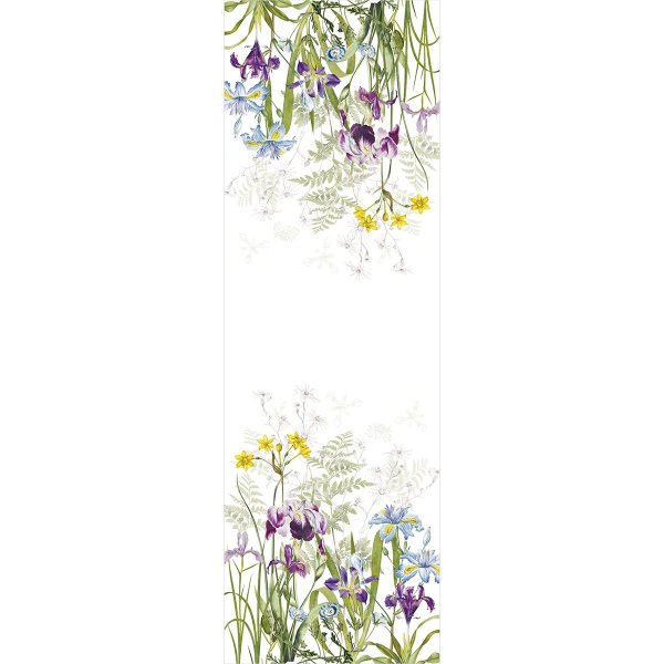 Tischläufer von Garnier Thiebaut; Modell Iris dhiver Blanc in Grundfarbe weiß aus Leinen; Größe 50x155 cm rechteckig; Motiv Blumen und Pflanzen; Muster bedruckt