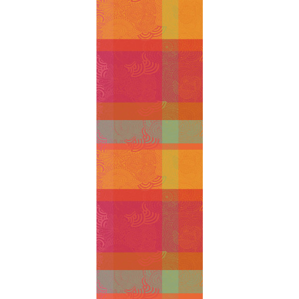 Table runner from Garnier-Thiebaut; Model Mille Rainures Flamboyant; main colour orange in cotton; Size 55x155 cm rectangular; Motif graphic patterns, Summer; Pattern jacquard woven