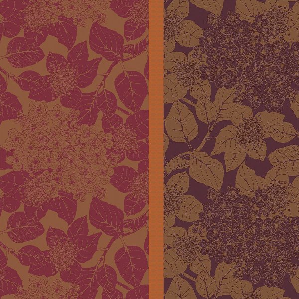 Servietten (4x Set) von Garnier Thiebaut; Modell Hortensias Rouille in Grundfarbe braun aus Baumwolle; Größe 54x54 cm quadratisch; Motiv Blumen und Pflanzen, Herbst; Muster jacquard-gewebt