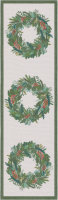 Tischläufer von Ekelund; Modell Winter Leaves  in Grundfarbe grün aus Baumwolle; Größe 35x120 cm rechteckig; Motiv Weihnachten, Winter; Muster Pixel gewebt (6-farbig)