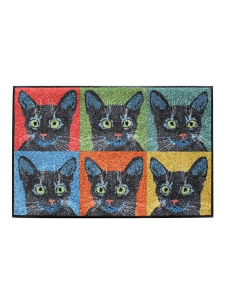 Doormat from Garnier-Thiebaut; Model Chats Pop Art Multicolore; main colour multicolored in Polyamide; Size 50x75 cm rectangular; Motif Animals; Pattern printed