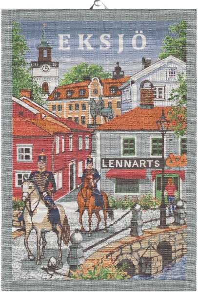 Towel from Ekelund; Model Eksjö 599; main colour several in cotton; Size 35x50 cm rectangular; Motif Places and cities; Pattern Pixel-wowen (6 colours)