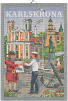 Küchenhandtuch von Ekelund; Modell Karlskrona 599 in Grundfarbe verschiedene aus Baumwolle; Größe 35x50 cm rechteckig; Motiv Orte und Städte; Muster Pixel gewebt (6-farbig)