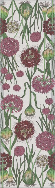 Table runner from Ekelund; Model Allium 580; main colour purple in cotton; Size 35x120 cm rectangular; Motif Spring, Fruit and vegetable; Pattern Pixel-wowen (6 colours)