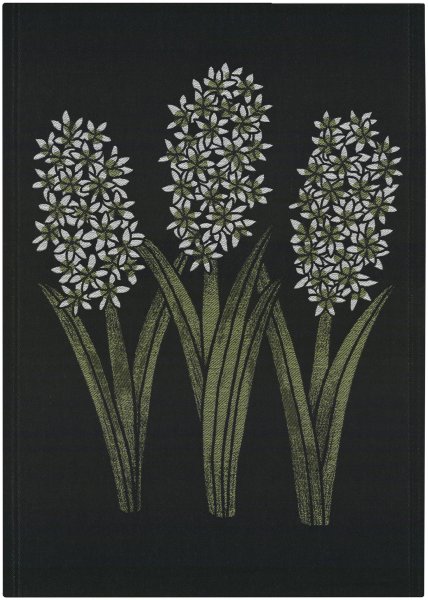 Essuie-mains de Ekelund; Model Hyacint Orientalis 900; Couleur principale noir en coton; Taille 48x70 cm rectangulaire; Motif Fleurs et plantes, Hiver Tissé