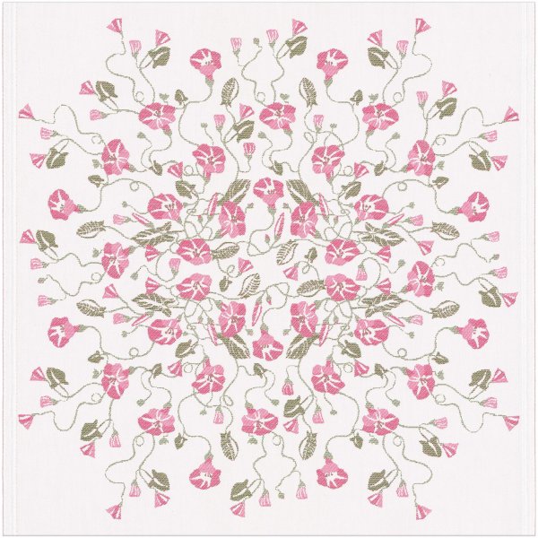 Tischdecke von Ekelund; Modell Åkervinda 050 in Grundfarbe rosa aus Baumwolle; Größe 75x75 cm quadratisch; Motiv Blumen und Pflanzen, Frühling; Muster gewebt