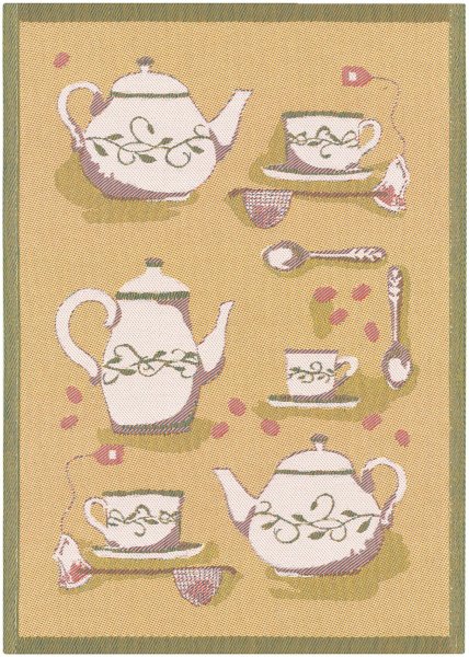 Towel from Ekelund; Model Coffee Time 520; main colour gold in cotton; Size 35x50 cm rectangular; Motif Food and drink; Pattern Pixel-wowen (3 colours)