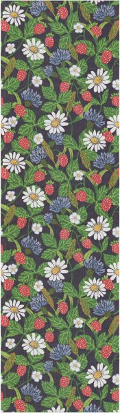 Chemin de table de Ekelund; Model Fragaria 510; Couleur principale bleu en coton; Taille 35x120 cm rectangulaire; Motif Fruits et légumes, Été Pixel tissé (6 couleurs)