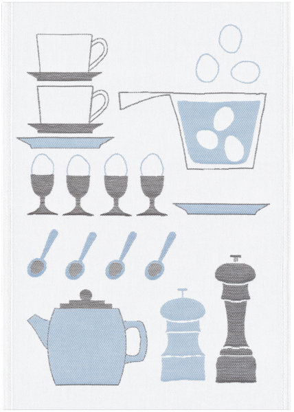 Küchenhandtuch von Ekelund; Modell Äggfrukost 011 in Grundfarbe blau aus Baumwolle; Größe 48x70 cm rechteckig; Motiv Essen und Trinken; Muster gewebt