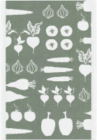 Küchenhandtuch von Ekelund; Modell Veggies 040 in Grundfarbe grün aus Baumwolle; Größe 35x50 cm rechteckig; Motiv Obst und Gemüse; Muster gewebt