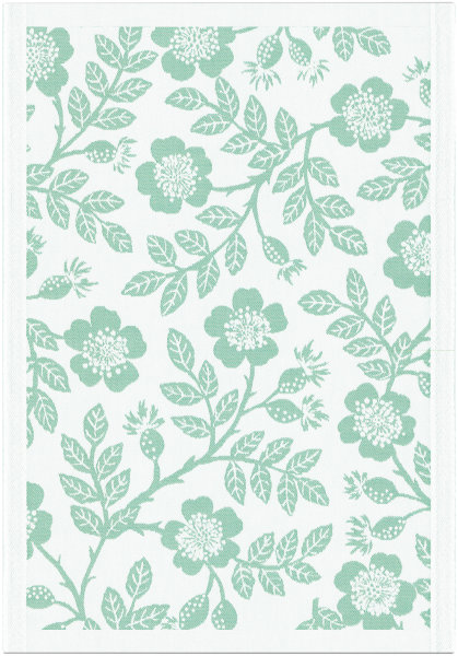 Trapo de cocina de Ekelund; Modelo Nyponros 041; Color principal verde en algodón; Tamaño 35x50 cm rectangular; Motivo Plantas y flores tejido