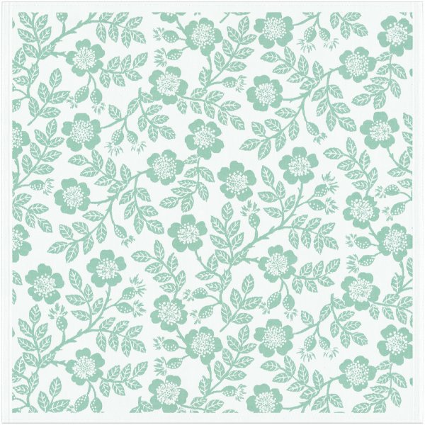 Nappe de Ekelund; Model Nyponros 041; Couleur principale vert en coton; Taille 75x75 cm carré; Motif Fleurs et plantes Tissé