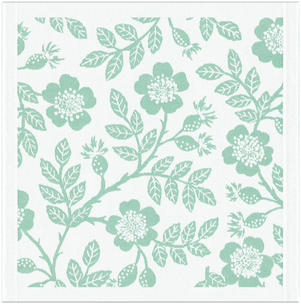 Napkin from Ekelund; Model Nyponros 041; main colour green in cotton; Size 35x35 cm Square; Motif Flowers and plants; Pattern woven