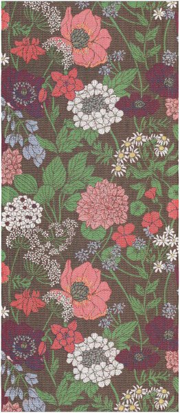 Tischläufer von Ekelund; Modell Blomsterfång 550 in Grundfarbe rosa aus Baumwolle; Größe 35x80 cm rechteckig; Motiv Blumen und Pflanzen; Muster Pixel gewebt (6-farbig)