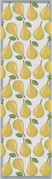 Chemin de table de Ekelund; Model Päron 520; Couleur principale or en coton; Taille 35x120 cm rectangulaire; Motif Fruits et légumes Pixel tissé (6 couleurs)