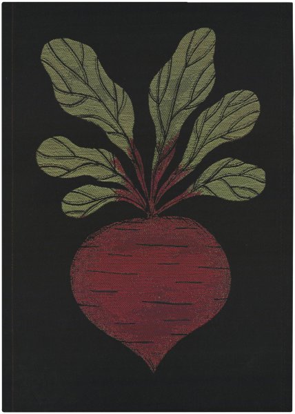 Küchenhandtuch von Ekelund; Modell Rödbeta 930 in Grundfarbe rot aus Baumwolle; Größe 35x50 cm rechteckig; Motiv Obst und Gemüse; Muster gewebt