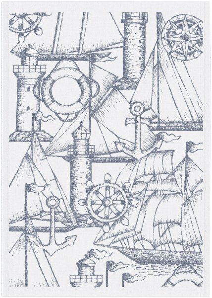 Küchenhandtuch von Ekelund; Modell Brigg 010 in Grundfarbe blau aus Baumwolle-Leinen-Mix; Größe 35x50 cm rechteckig; Motiv Maritim; Muster gewebt