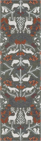 Chemin de table de Ekelund; Model Hjortnäs 590; Couleur principale gris en coton; Taille 35x120 cm rectangulaire; Motif Automne, Animaux Pixel tissé (6 couleurs)