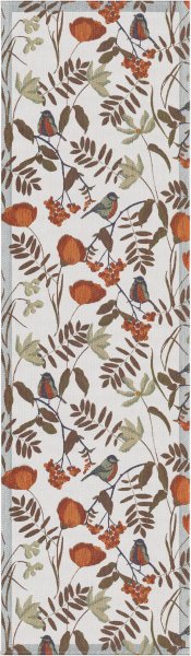 Table runner from Ekelund; Model Fåglabäck 560; main colour brown in cotton; Size 35x120 cm rectangular; Motif Autumn, Animals; Pattern Pixel-wowen (6 colours)