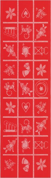 Table runner from Ekelund; Model Adventruta 380; main colour red in Cotton-linen mix; Size 35x120 cm rectangular; Motif Christmas; Pattern woven