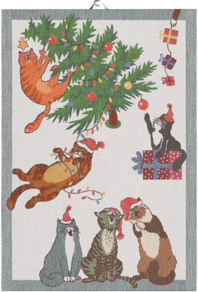 Küchenhandtuch von Ekelund; Modell Purr-Fect Christmas 599 in Grundfarbe verschiedene aus Baumwolle; Größe 35x50 cm rechteckig; Motiv Tiere, Weihnachten; Muster Pixel gewebt (6-farbig)