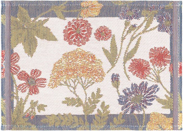 Dishcloth from Ekelund; Model Ängsdröm 599; main colour several in cotton; Size 25x35 cm rectangular; Motif Flowers and plants, Summer; Pattern Pixel-wowen (3 colours)