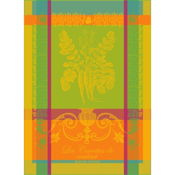 Torchon de Garnier-Thiebaut; Model Carottes De Couleur Zeste; Couleur principale jaune en coton; Taille 56x77 cm rectangulaire; Motif Fleurs et plantes tissé jacquard