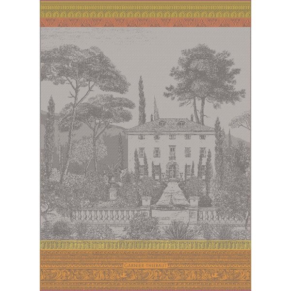 Tea towel from Garnier-Thiebaut; Model Palazzina Tor Sepia; main colour grey in cotton; Size 56x77 cm rectangular; Motif Landscapes; Pattern jacquard woven