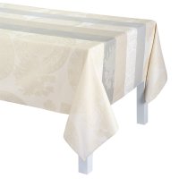 Coated tablecloth from Le Jacquard Français; Model Fleurs Gourmandes Craie; main colour beige in cotton; Size 175x175 cm Square; Motif Summer; Pattern jacquard woven