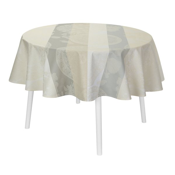 Coated tablecloth from Le Jacquard Français; Model Fleurs Gourmandes Craie; main colour beige in cotton; Size Ø 175 cm round; Motif Summer; Pattern jacquard woven